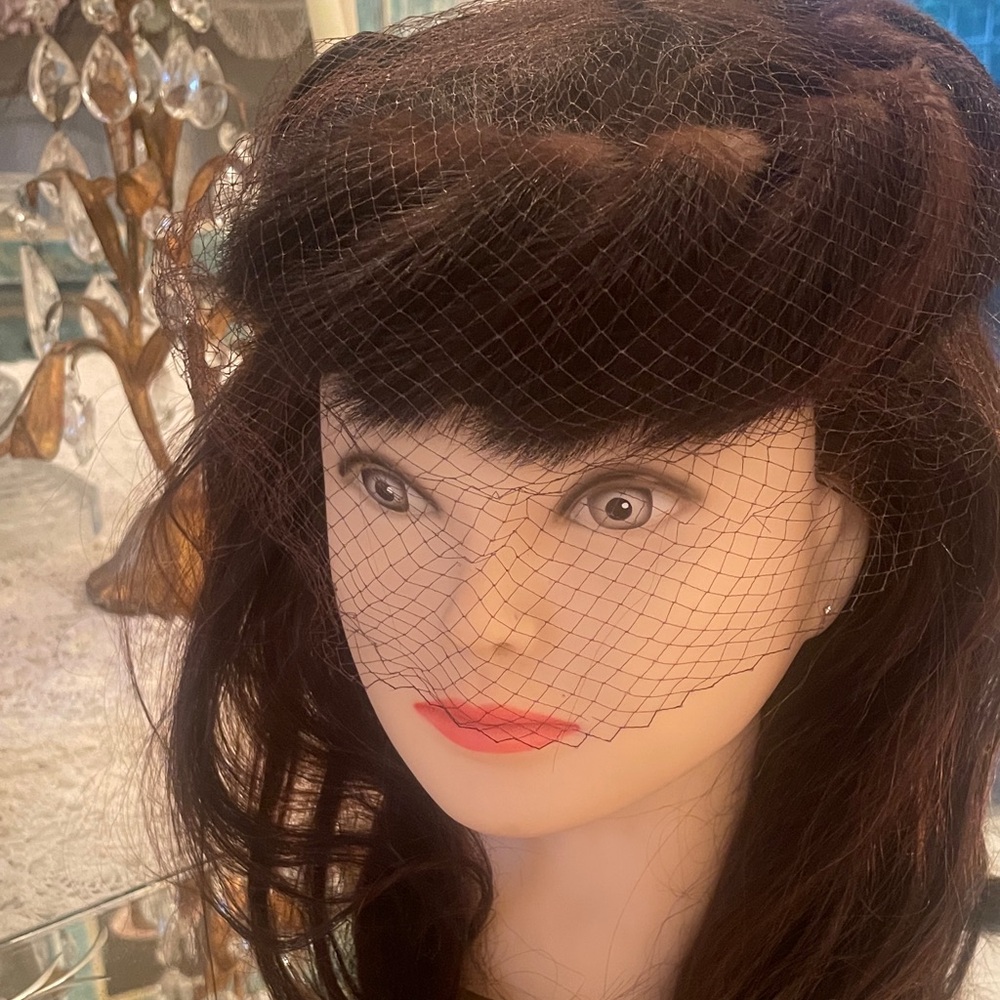 Vintage mink hat with face veil and brown satin bow